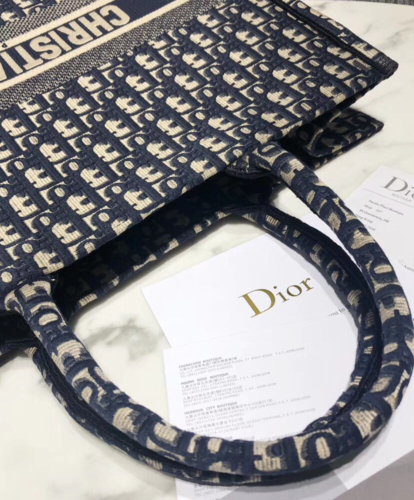 Christian Dior Book Tote Velvet Mizza Embroidery Canvas Dark Blue